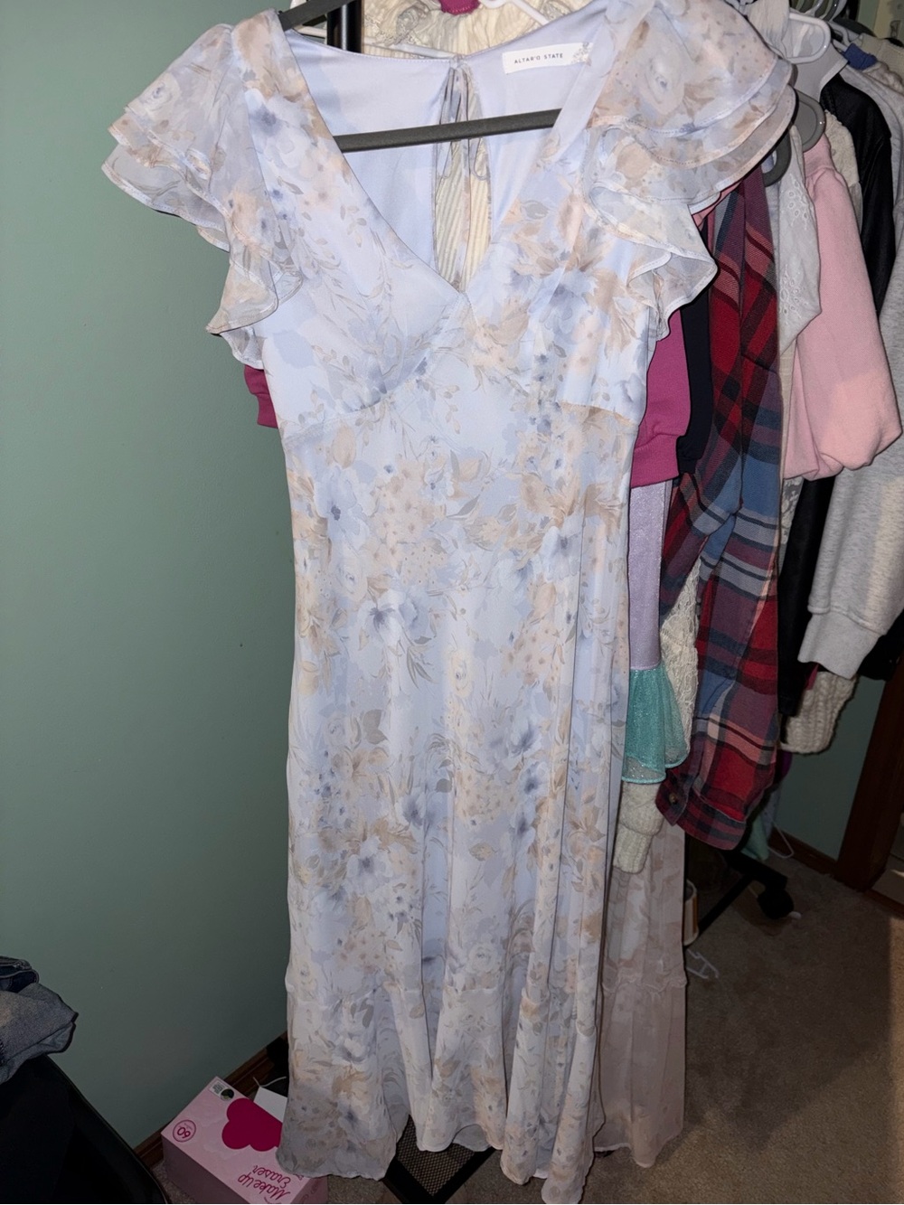 Altar'd State Pale Blue & Beige Floral Ruffle Maxi Dress